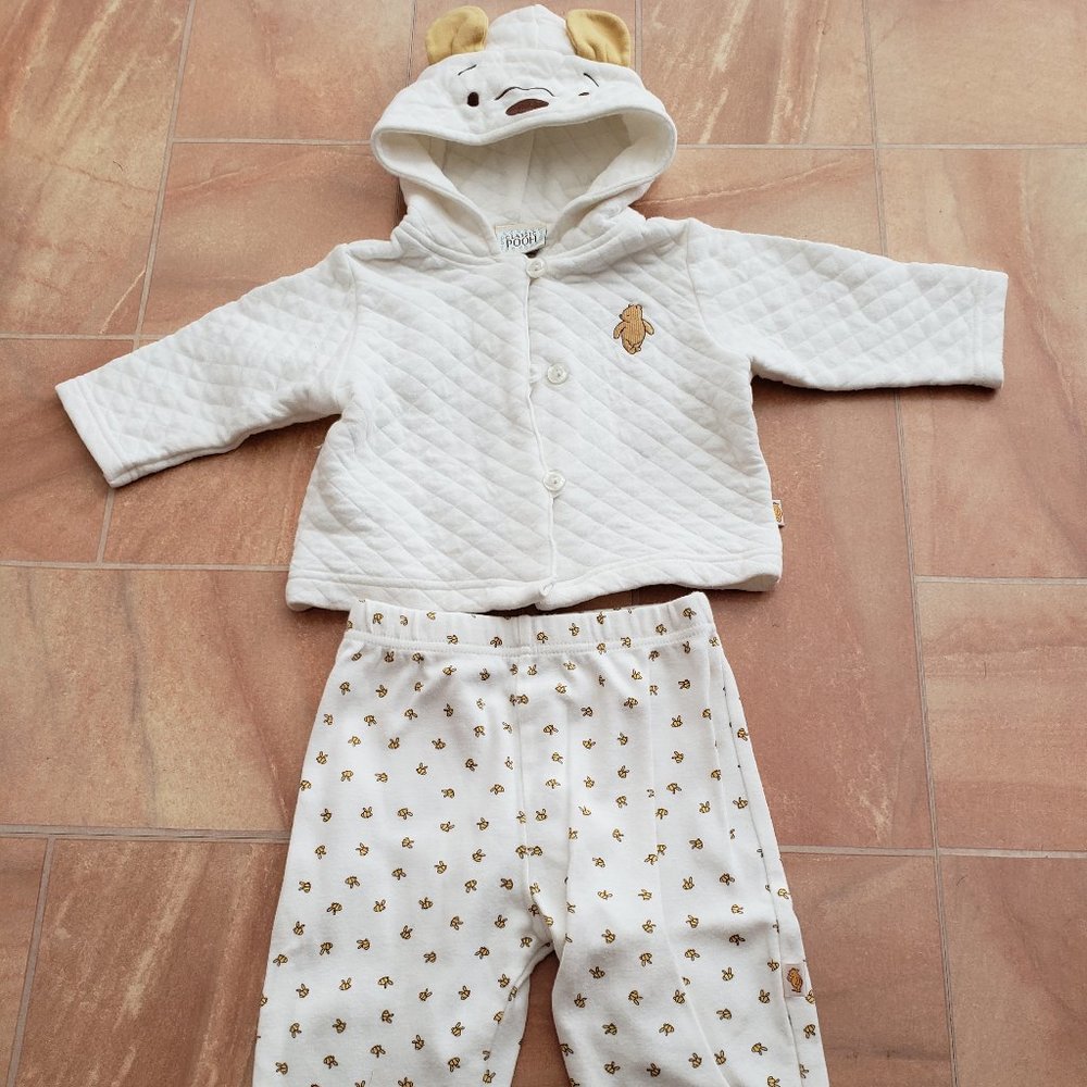 Disney Winnie The Pooh Baby White Quilted Jacket & Pants Matching Outfit Set